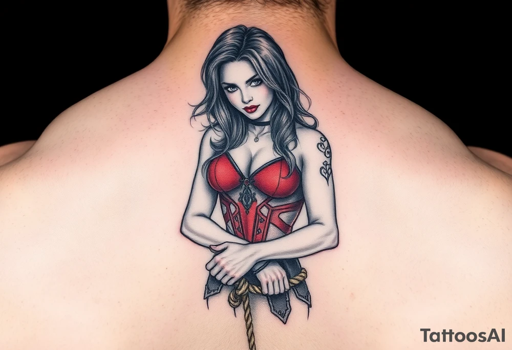 powerful female bdsm domm wearing red with her submissive bound by rope tattoo idea