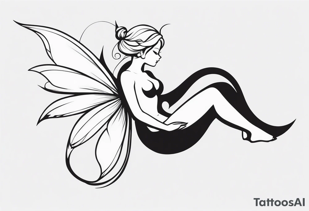 Minimalistic, monochromatic fairy with a tail flying to the left in a fetal position, leaning and looking in the same direction, with visible hands, embodying the 'Fairy Tail' logo aesthetic. tattoo idea