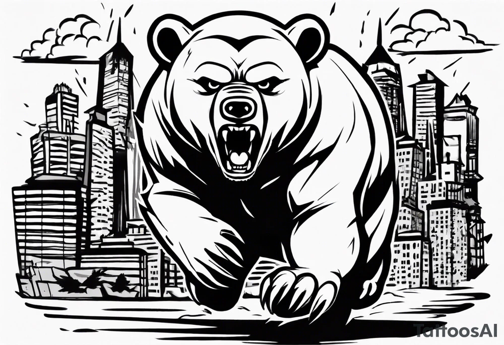 Angry bear coming up behind a city tattoo idea