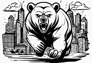 Angry bear coming up behind a city tattoo idea