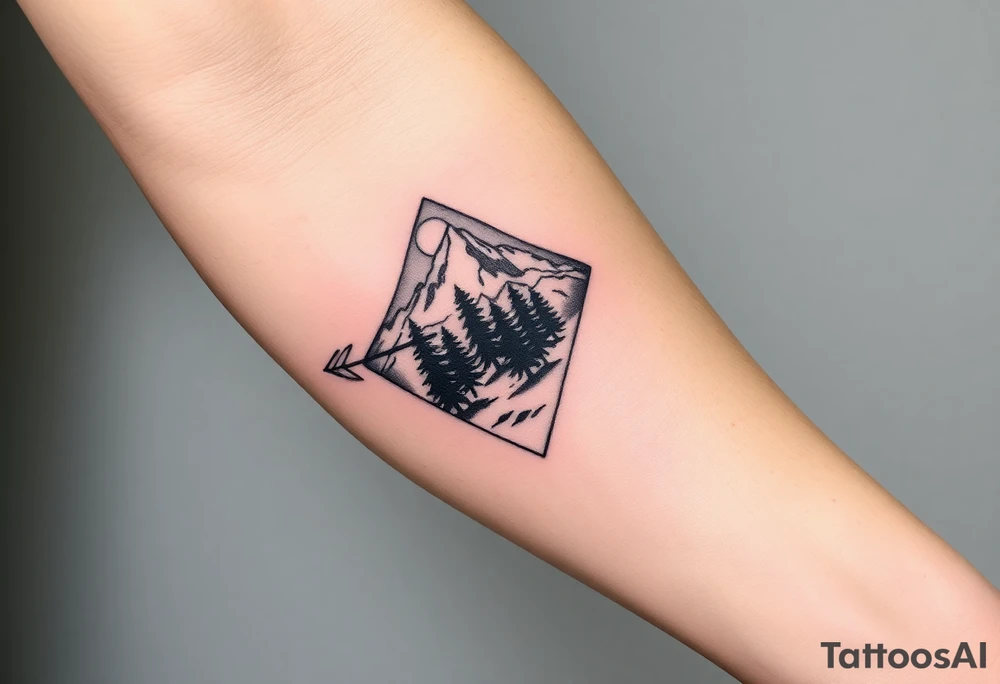 Pikes peak landscape with trees and moon in an arrowhead tattoo idea