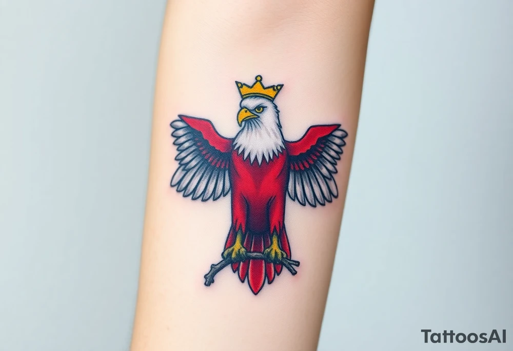 A majestic red and white Moravian eagle with golden crown on its head perched on a branch, its wings spread wide tattoo idea