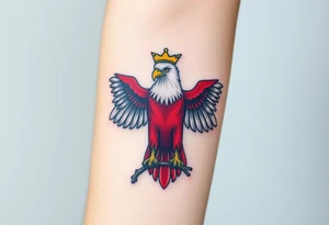 A majestic red and white Moravian eagle with golden crown on its head perched on a branch, its wings spread wide tattoo idea