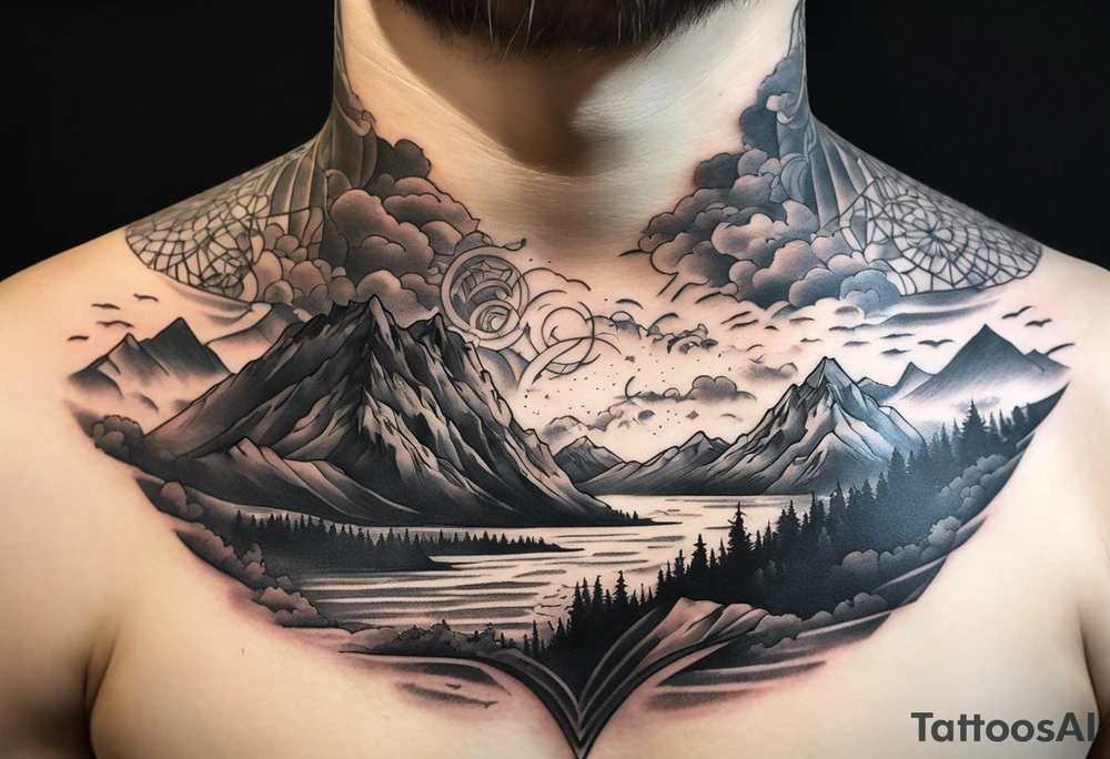 Landscape front neck tattoo that's appear to be ejecting from the skin, symbolizing the freedom from censorship. tattoo idea