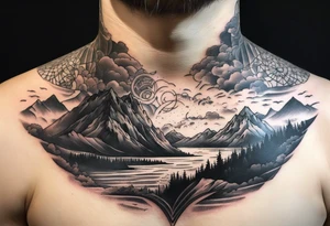 Landscape front neck tattoo that's appear to be ejecting from the skin, symbolizing the freedom from censorship. tattoo idea
