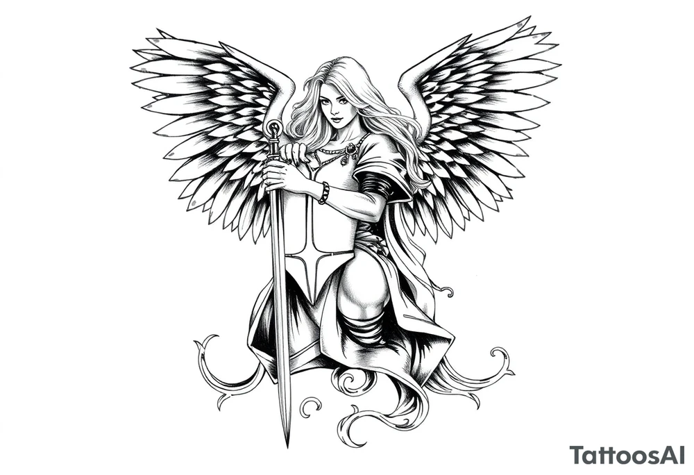 femme blonde cheveux long ondulé, un genou au sol  en armure de chevalier tenant épée vers le bas et de grandes ailes d'anges déployées tattoo idea
