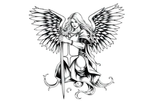 femme blonde cheveux long ondulé, un genou au sol  en armure de chevalier tenant épée vers le bas et de grandes ailes d'anges déployées tattoo idea