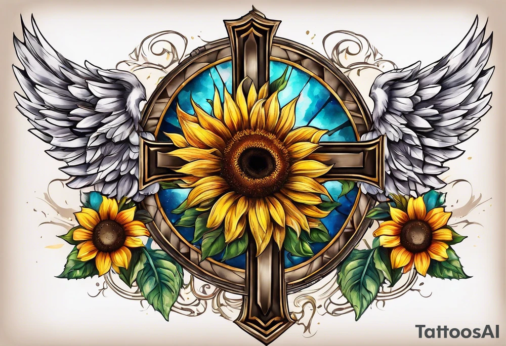 Winged cross with sunflower arm sleeve tattoo idea