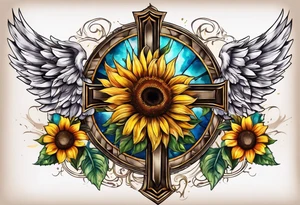 Winged cross with sunflower arm sleeve tattoo idea
