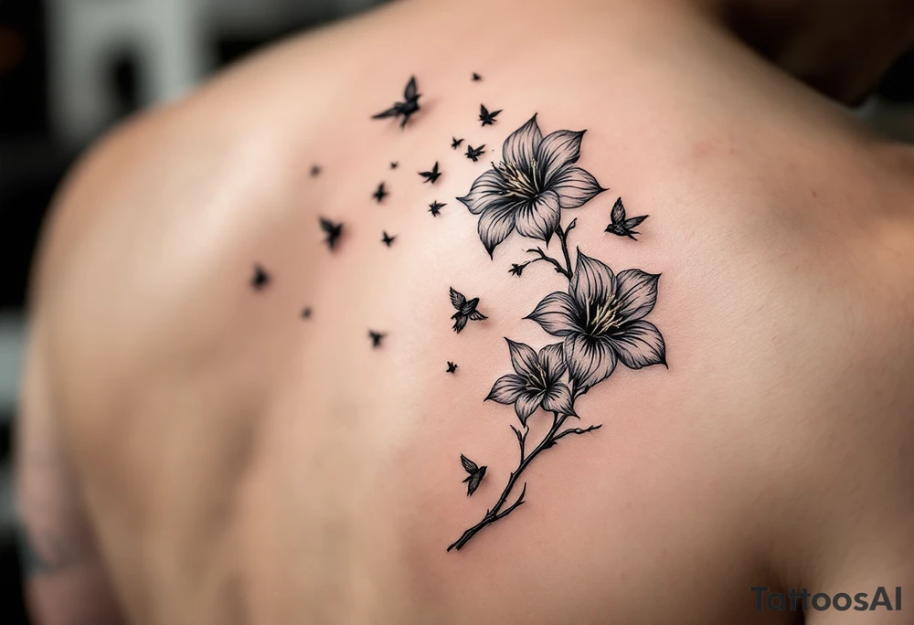A wood violet blowing in the wind with pedals floating away turning into birds tattoo idea