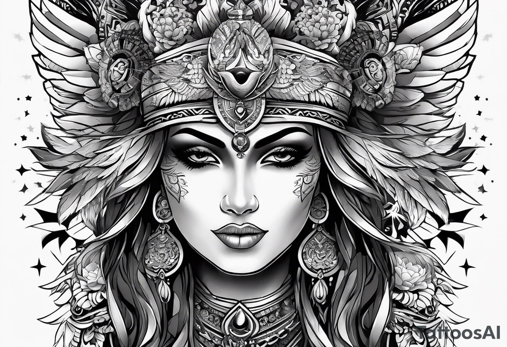 kali, goddess pirate, pachamama, valkrye, warrior, skull, lotus azul, wing, eagle, zenza resonance, stars tattoo idea