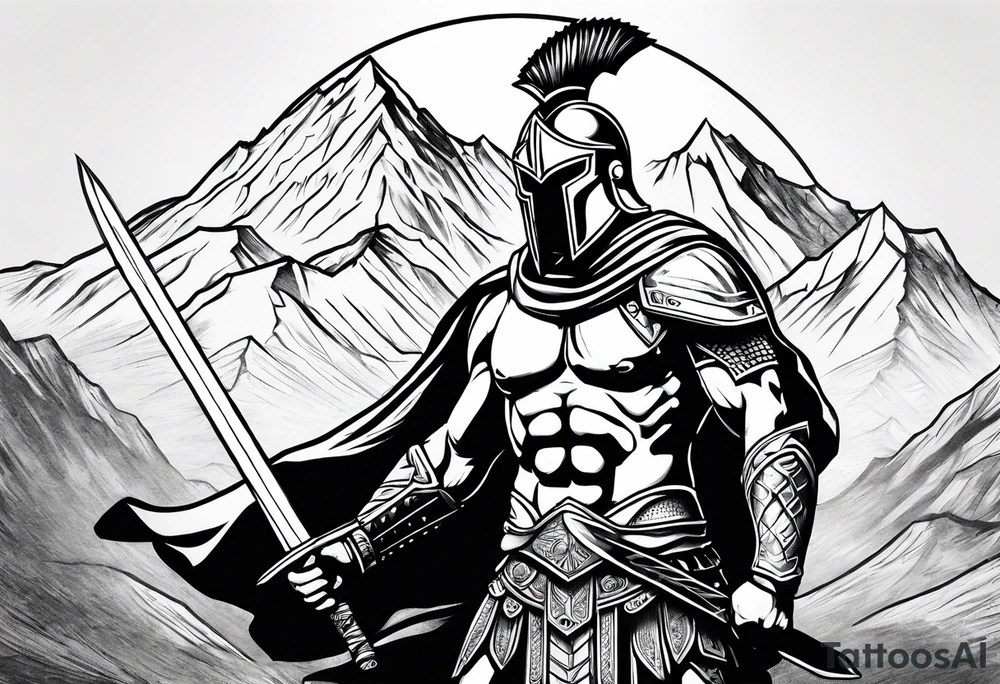 Spartan Warrior Wielding A Sword Surrounded By Mountains Tattoo Idea tattoo idea Spartan Warrior Wielding A Sword Surrounded By Mountains Tattoo Idea tattoo idea