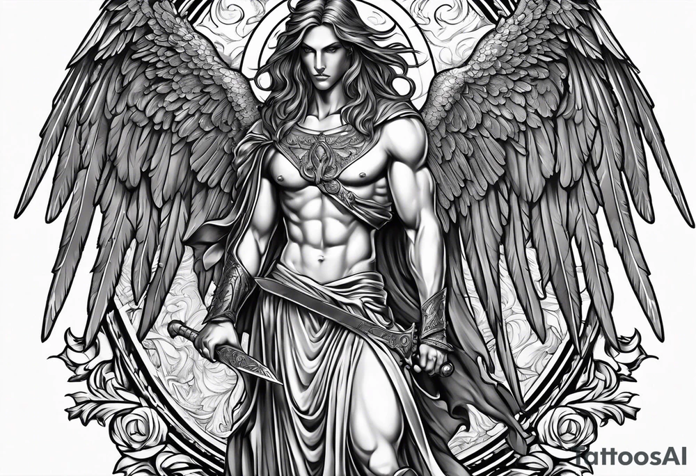 Male American guardian angel with a sword and possessed angel from hell combined together tattoo idea