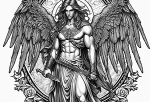 Male American guardian angel with a sword and possessed angel from hell combined together tattoo idea