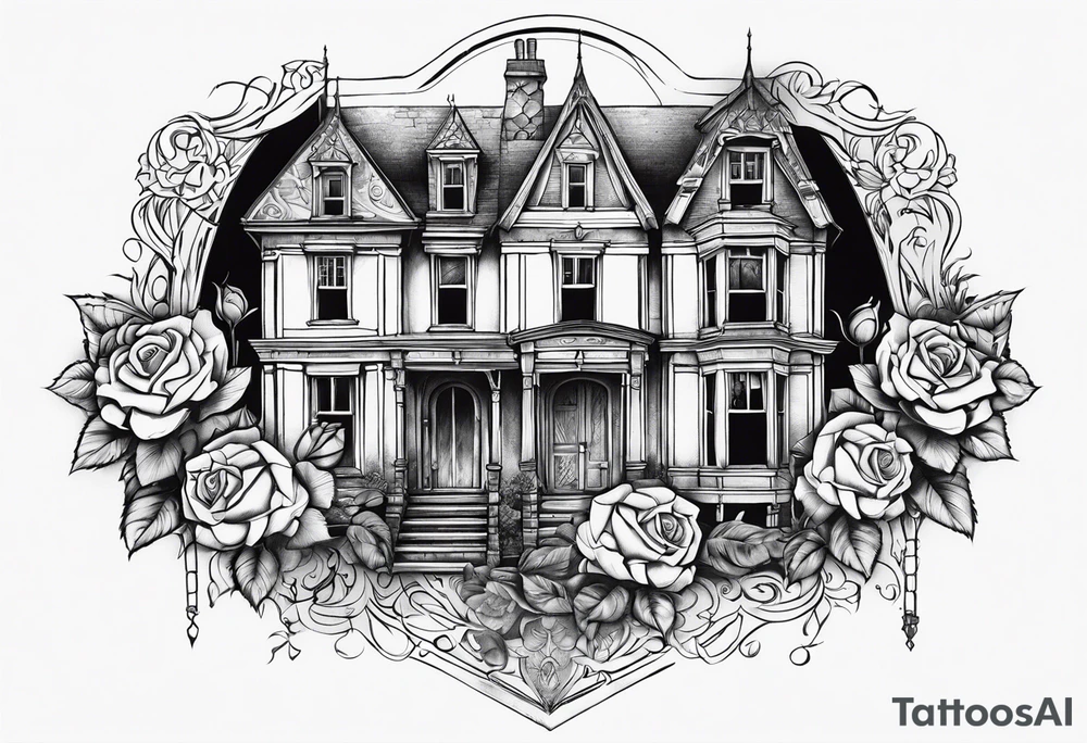 fool sleeve,, abandoned old gotic house, broken sword, roses, tattoo idea