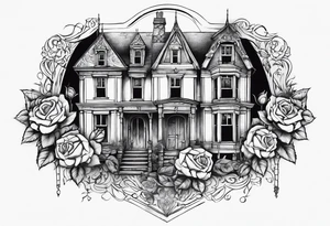 fool sleeve,, abandoned old gotic house, broken sword, roses, tattoo idea