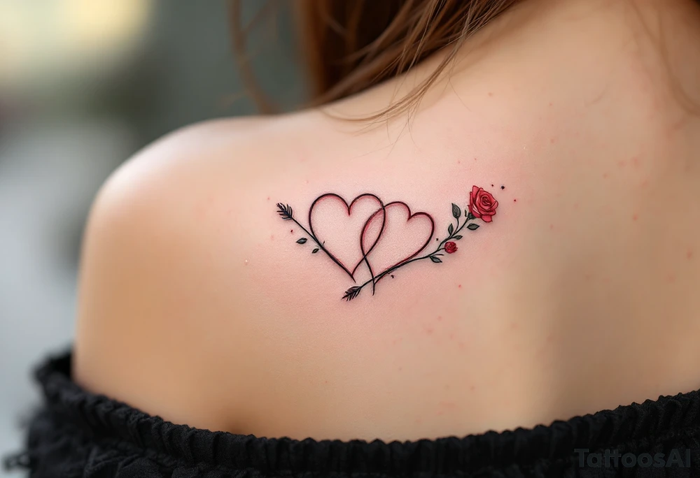 A minimalist yet stylish heart tattoo featuring two small hearts, one slightly larger than the other, linked together with a delicate vine of roses. The design incorporates soft pink and red gradients with subtle sparkles around the edges. To add a unique touch, there's a tiny Cupid's arrow piercing through the hearts, symbolizing true love and affection. tattoo idea