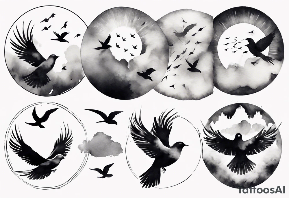 shoulder tattoo with light rays with birds flying free among the clouds, round shape, 3d effect tattoo idea