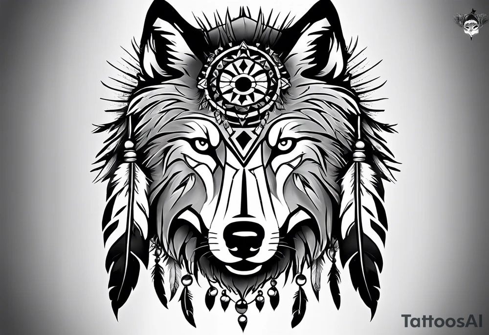 Inspired by Native American art, featuring traditional patterns and symbols like feathers and dreamcatchers integrated with the wolf’s image. tattoo idea