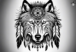 Inspired by Native American art, featuring traditional patterns and symbols like feathers and dreamcatchers integrated with the wolf’s image. tattoo idea
