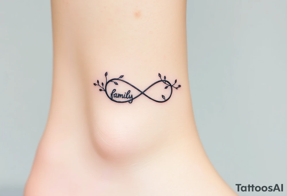 A delicate infinity symbol with intertwined vines, wrapped around the word "family," tattoo idea