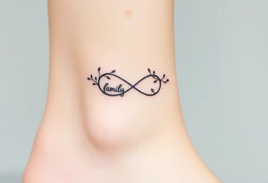 A delicate infinity symbol with intertwined vines, wrapped around the word "family," tattoo idea