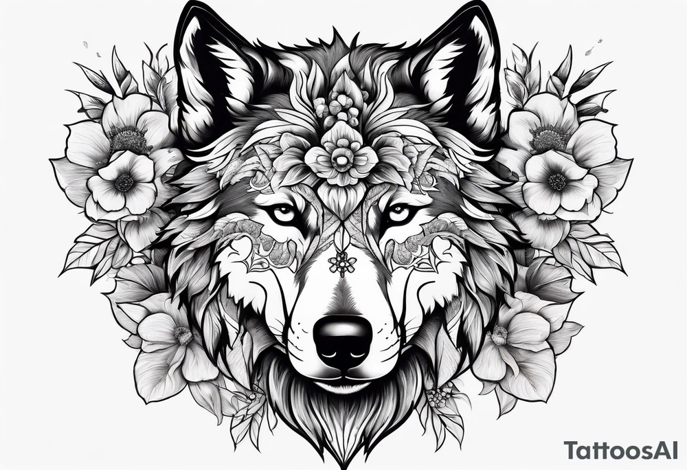Wolf head half skull with flowers around tattoo idea