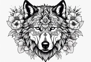 Wolf head half skull with flowers around tattoo idea
