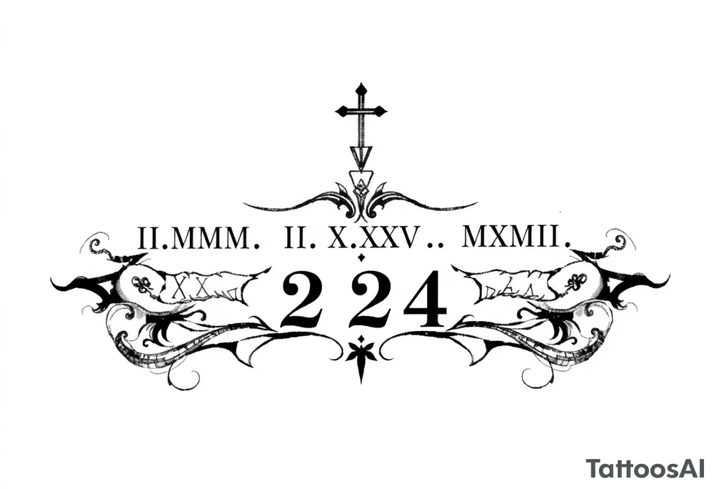 Create tattoo design with equal representation of both Roman numeral dates (IX.IX.MM and II.XXV.MMIII) in a balanced and symmetrical layout, along with the number 224. Let me know if you’d like any modifications! tattoo idea