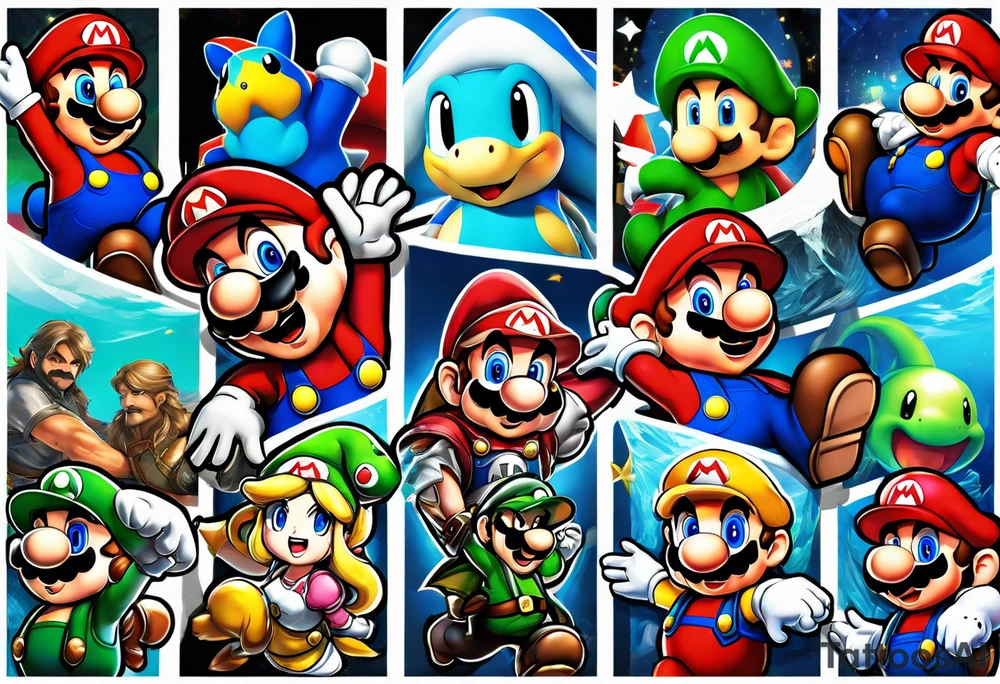 Gaming sleeve including Mario and Luigi, assassin's creed, Squirtle, and legend of zelda tattoo idea