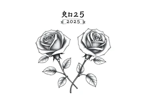 two beautiful rose buds, with many leaves and stems intertwined, representing two people in love. Include a small banner with "2025" on it.  The word "Rose" written in Kanji above the drawing. tattoo idea