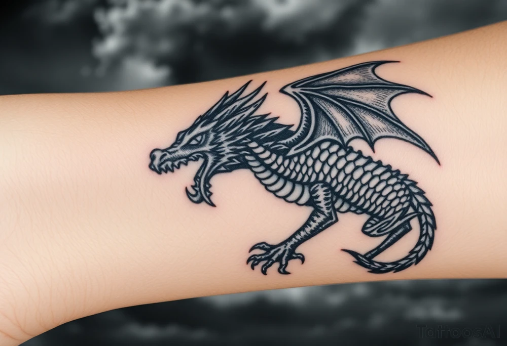 fierce dragon breathing iridescent fire against stormy skies tattoo idea