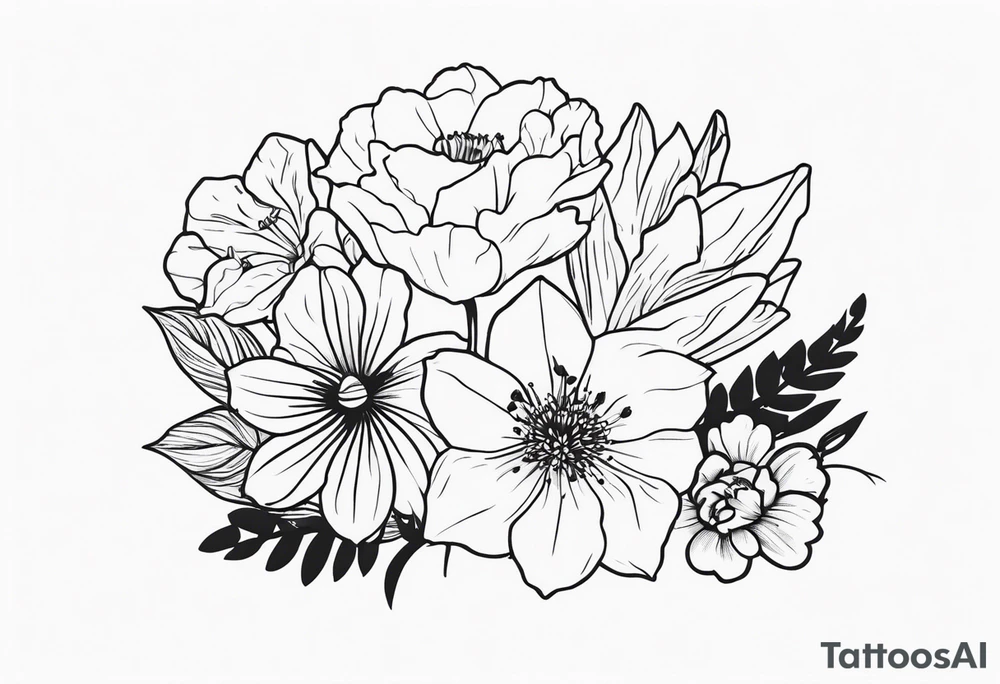 small minimalist black and white tattoo of a cute flower bouquet that MUST include 6 DIFFERENT flowers with ONE OF EACH: a carnation, a daffodil, a lily stock, a rose, a cosmos, and a chrysanthemum. tied together with a small bow tattoo idea