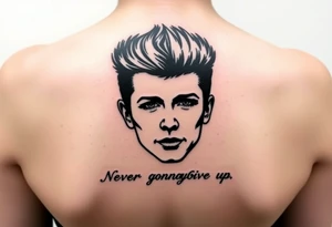 Young Rick Astley Face with Never Gonna Give You Up text tattoo idea
