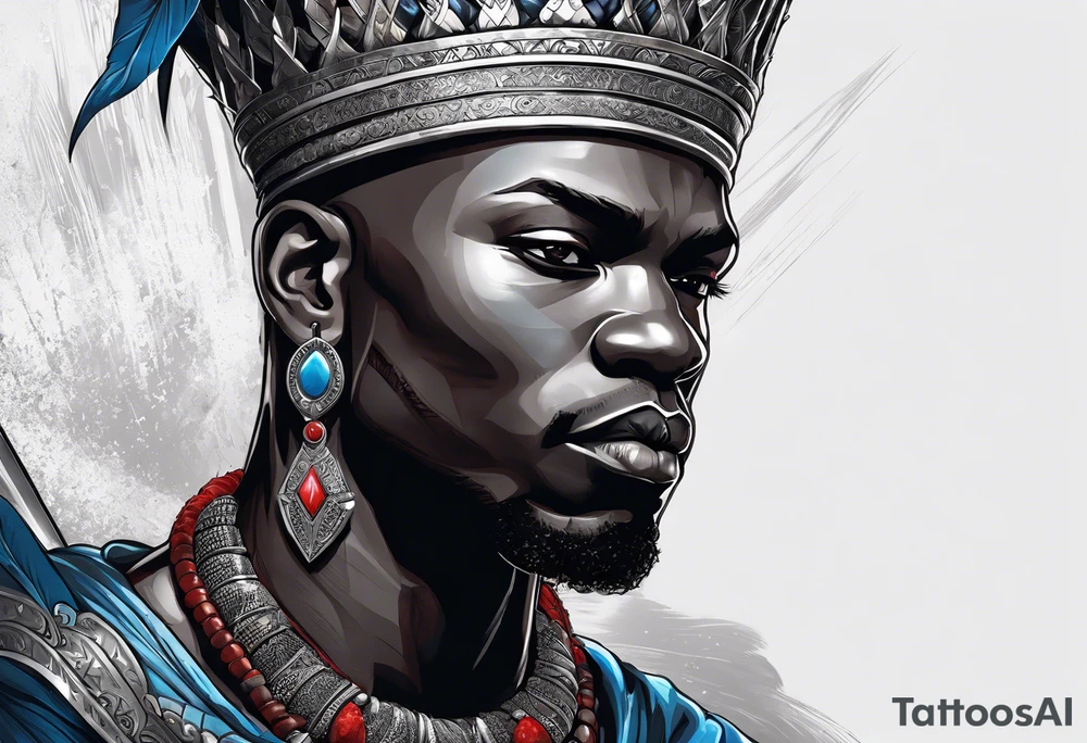 An african god, a bald black-skinned warrior, that uses a sword and a silver crown. He also uses blue and red necklaces tattoo idea
