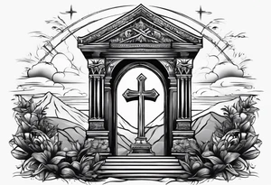 Tomb with cross and sun in the background tattoo idea