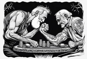 old man in cloake arm wrestling with a skeleton tattoo idea