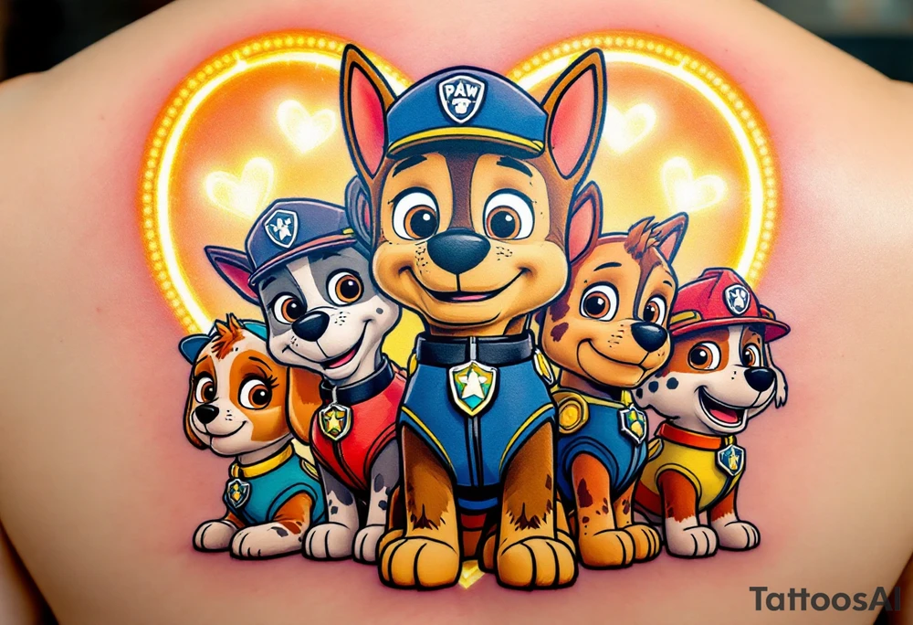 Ryder and the Paw Patrol team in front of a heart-shaped emblem, with each pup’s collar showing their individual colors, while Ryder’s outfit features light blue and beige tones. The heart has a radiant golden glow, symbolizing unity and love. tattoo idea