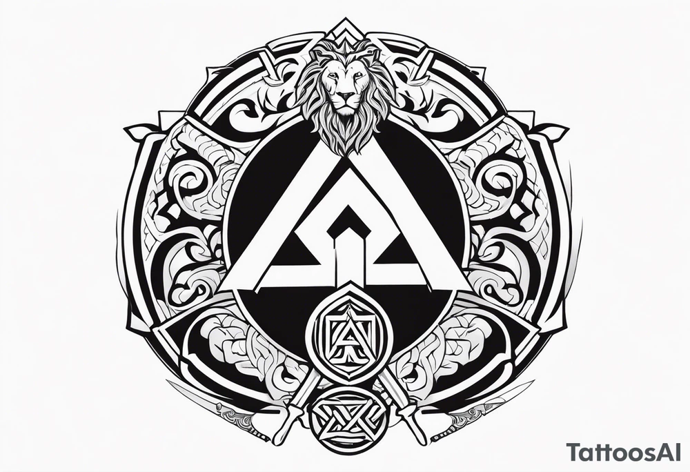 Valhalla sword shield lion 
 axe Valknut tattoo idea
