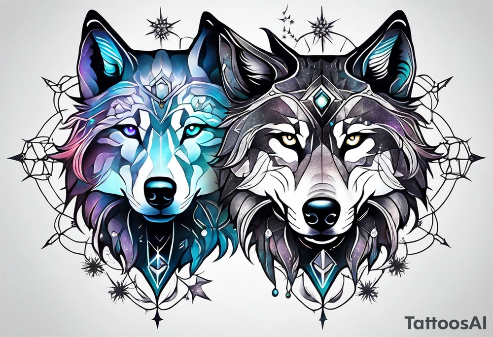 Constellation, two animal alien wolf, snowflake tattoo idea
