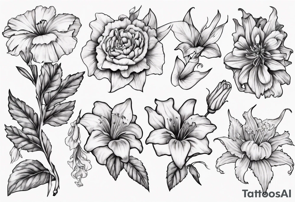 Bicep size tattoo including marigolds, lilies, morning glories, asters, violets, and carnations tattoo idea