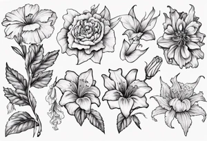 Bicep size tattoo including marigolds, lilies, morning glories, asters, violets, and carnations tattoo idea