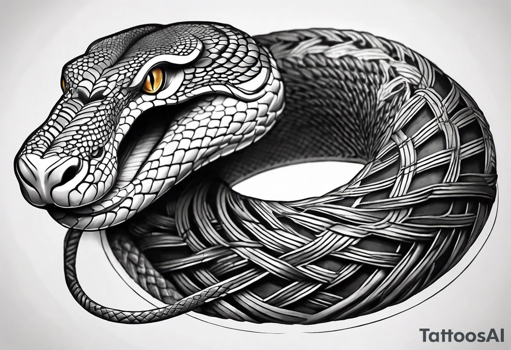 Create a detailed sketch of a snake tattoo. The design should feature a coiled snake with intricate scales and a dynamic, flowing pose. Emphasize the snake's head with a slightly menacing expression, its forked tongue flicking out. Include subtle shading to highlight the texture of the scales and give the design a sense of depth. The overall style should be clean and bold, suitable for a tattoo, with a focus on both artistic and anatomical accuracy. Consider incorporating elements like floral or geometric patterns in the background to complement the snake tattoo idea