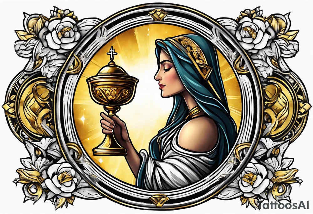 woman saint holding chalice surrounded by golden halo portrait tattoo idea