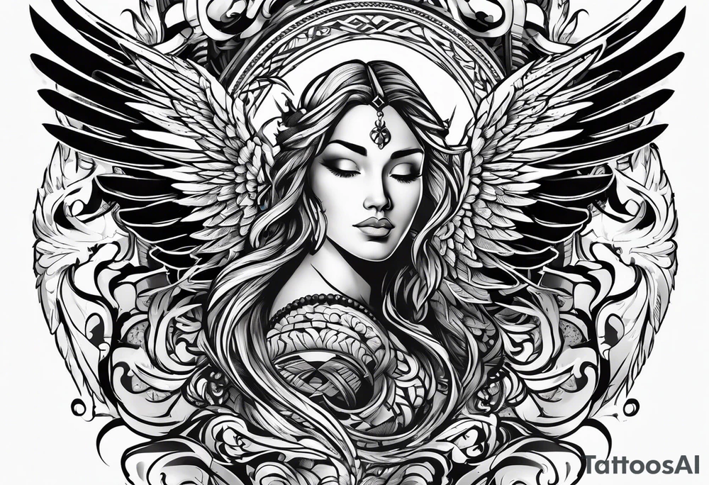 the word Glenn on a banner and angel wings tattoo idea