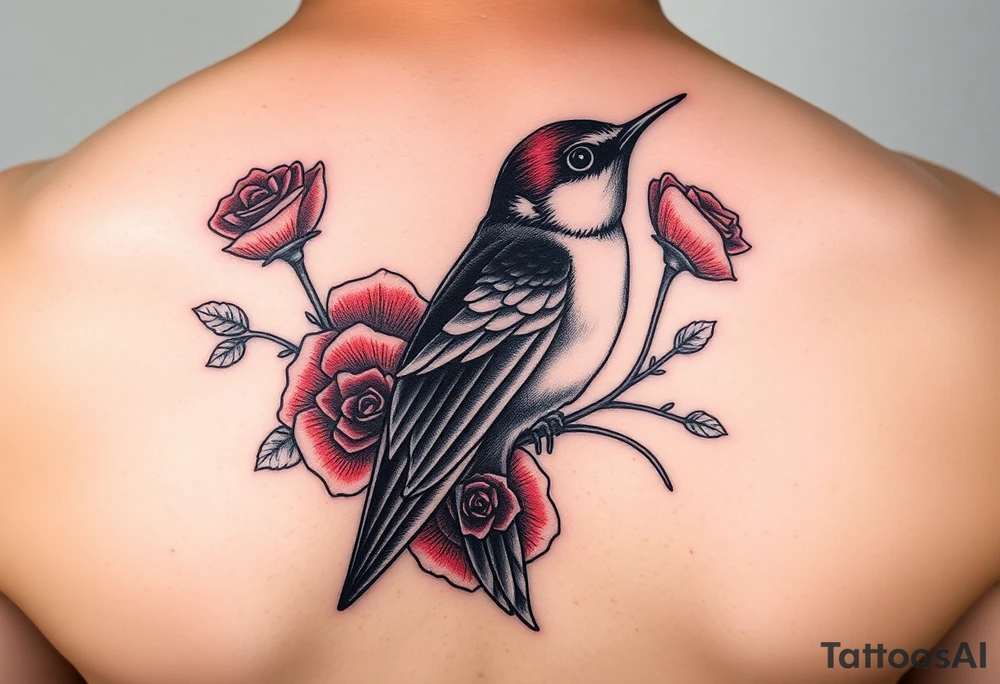 Swallow bird, with ruby color roses tattoo idea