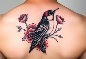 Swallow bird, with ruby color roses tattoo idea