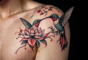 hummingbird drinking from lotus flower (Red and black colors only) tattoo idea