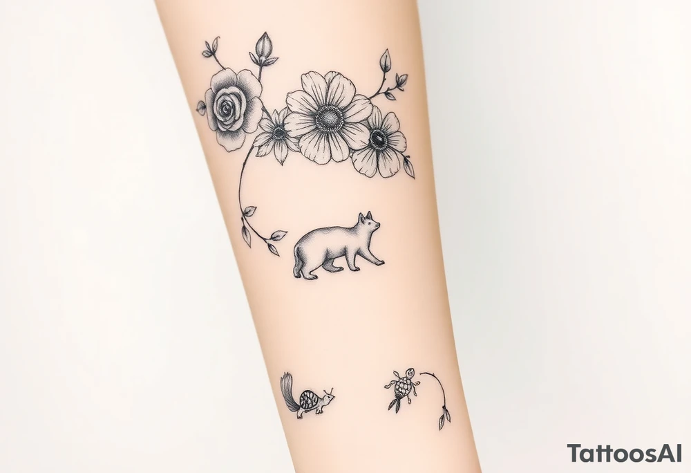 flowers on the vine. Include a snail, turtle, fox, and bear tattoo idea