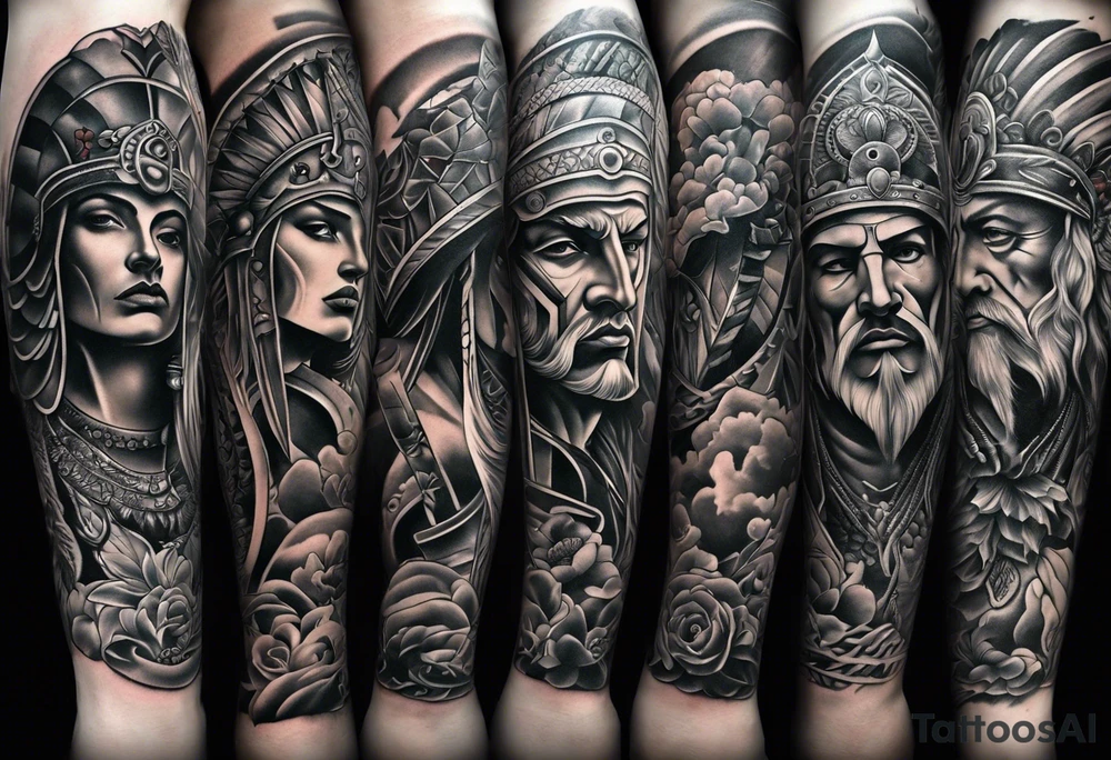 Leg sleeve tattoo of warrior heads from
 Different eras tattoo idea